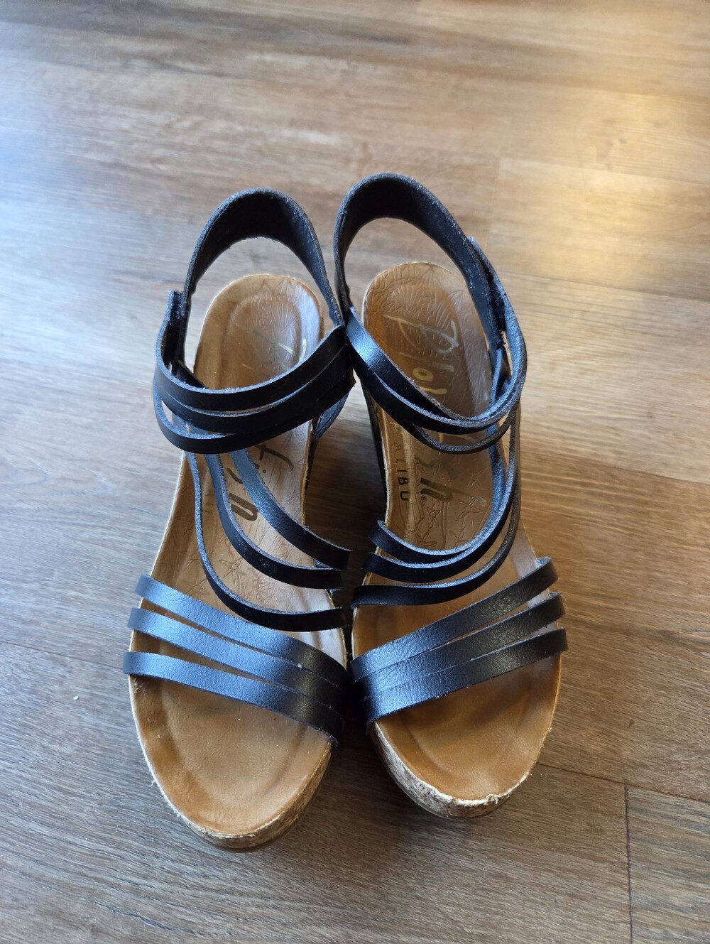Blowfish The Perfect Wedge Cork & Black Leather Strappy Heels Womens Size 8.5 - Picture 2 of 9